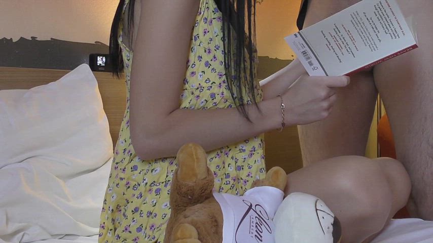 Amazingly sexy, hot and all natural big tits brunette plays with a guy big cock and balls to have as much as precum possible by ignoring in a bored ignored hotel room : video clip