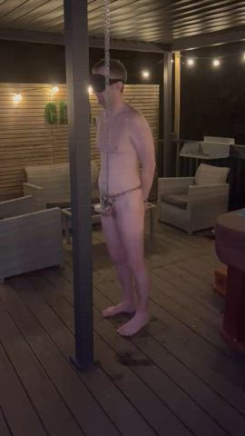 Left my chastity cuckold blindfolded naked and restrained outside while I had some fun 😂 : video clip