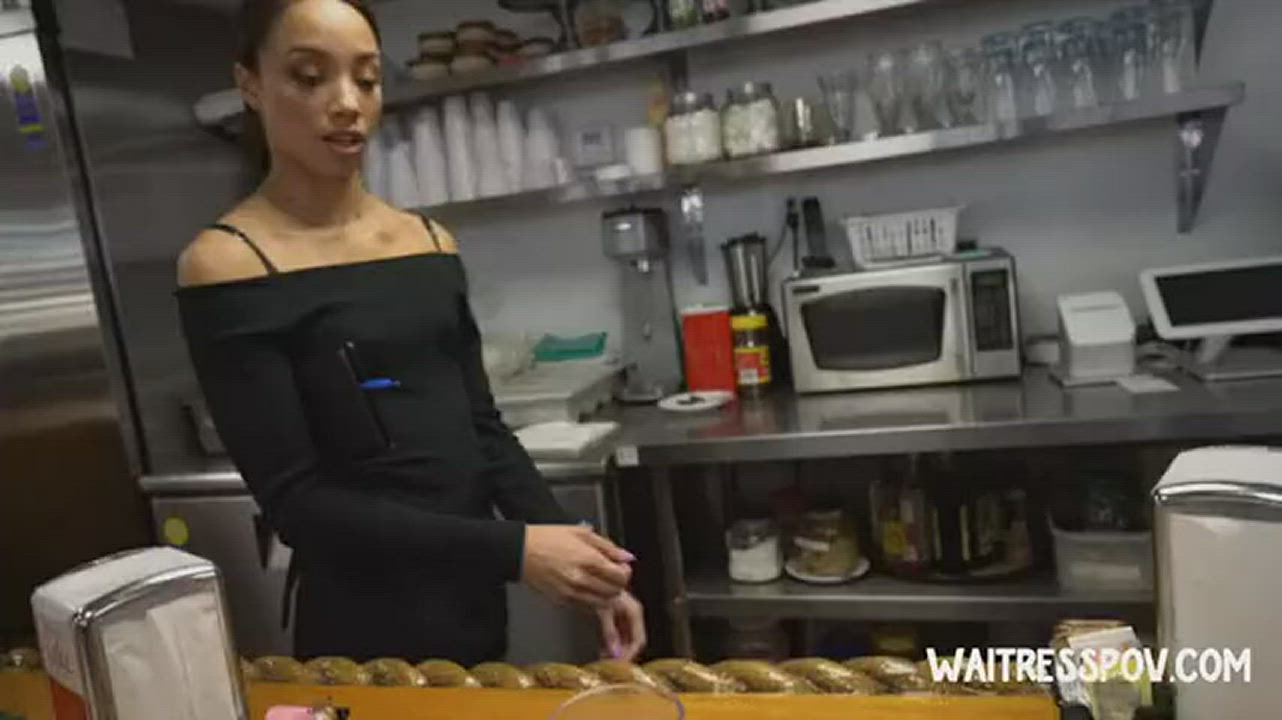 Skinny Ebony teen earning extra cash being a waitress : video clip