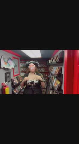 Perverse cowgirl gone wild in a video store [gif] : video clip