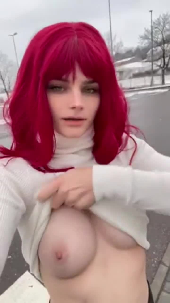 In the parking lot of a store haha... I hope my bus comes soon before someone else sees me with my tits outside.... : video clip