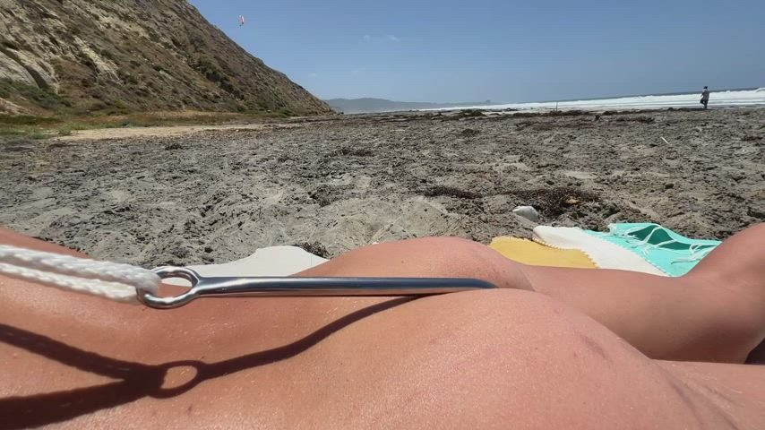 Playing with my anal hook at the beach when we found out we had an admirer. I called him over to let him play. [gif] : video clip