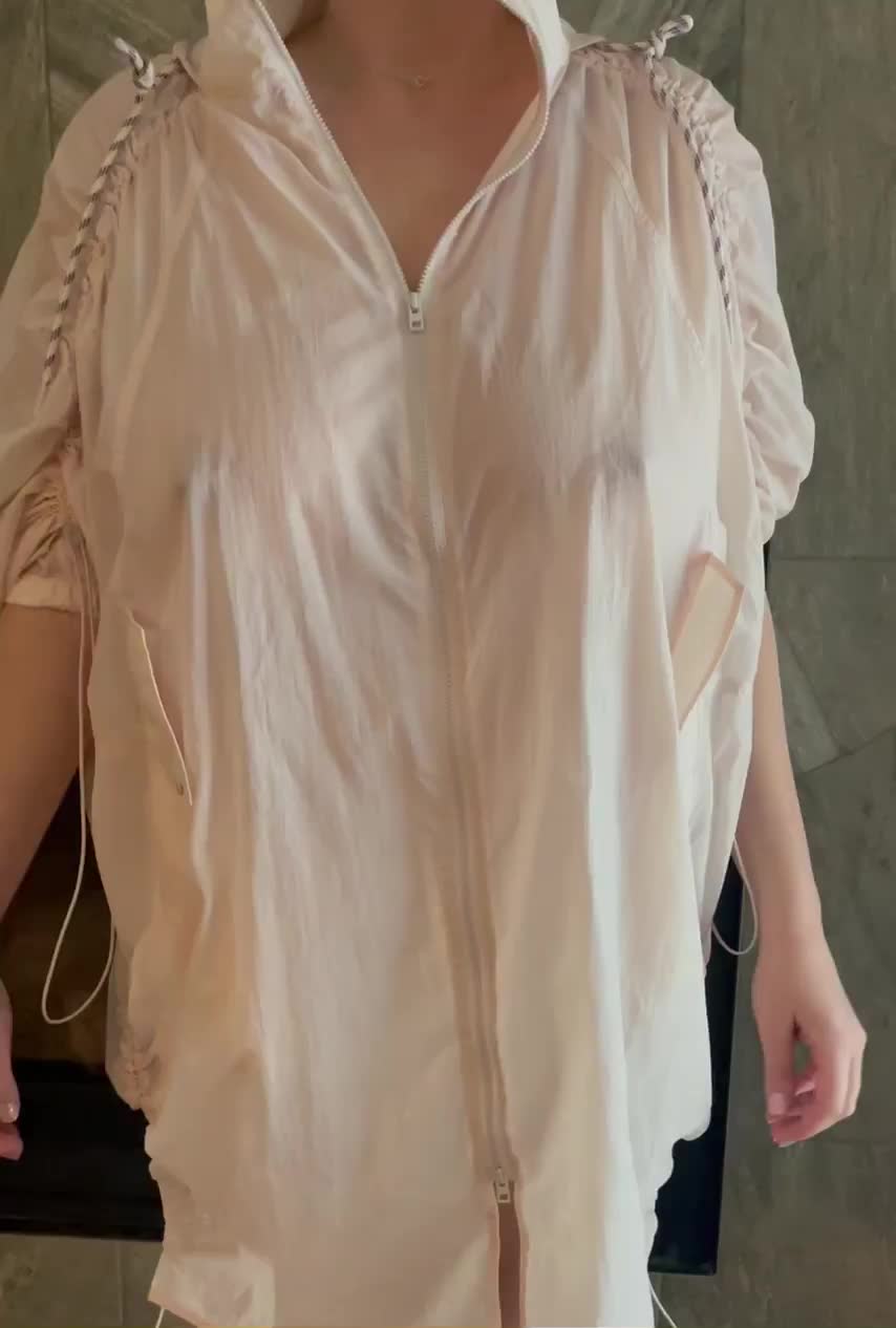 New rain jacket works well with no bra : video clip