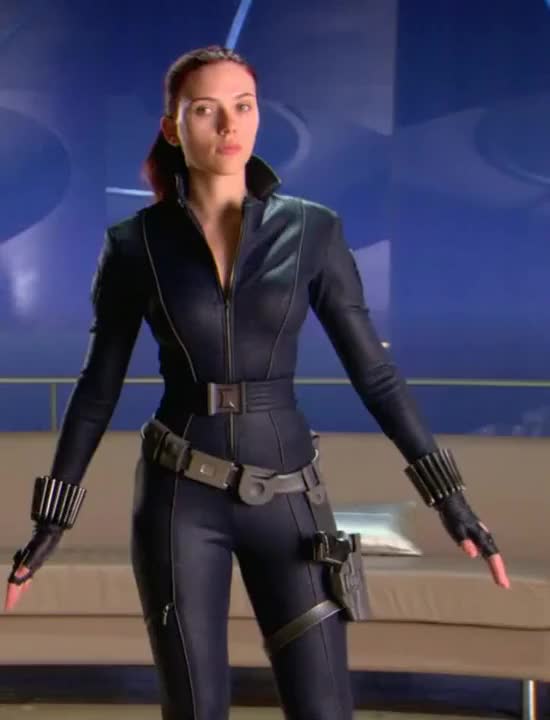 Scarlett Johansson showing off her Black Widow Outfit : video clip