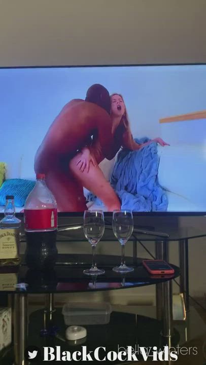 White Wife And Her Bull Fuck While Her Cuck Husband Watches TV : video clip
