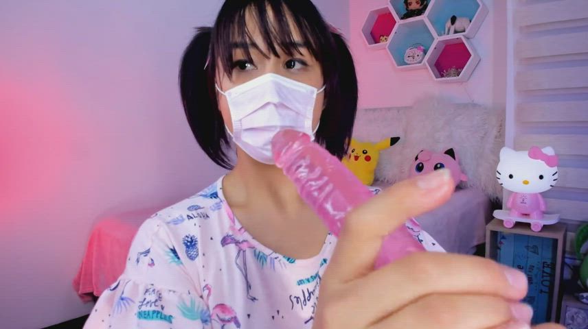 Petite Masked Asian Lila Jordan Stroking Pink Dildo JOI : video clip