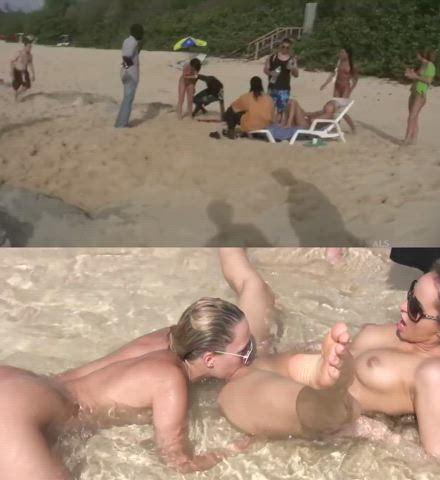 Two horny babes playing at a public beach : video clip