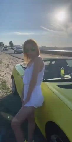 Amazing suction dildo on car in ass out in public next to highway : video clip