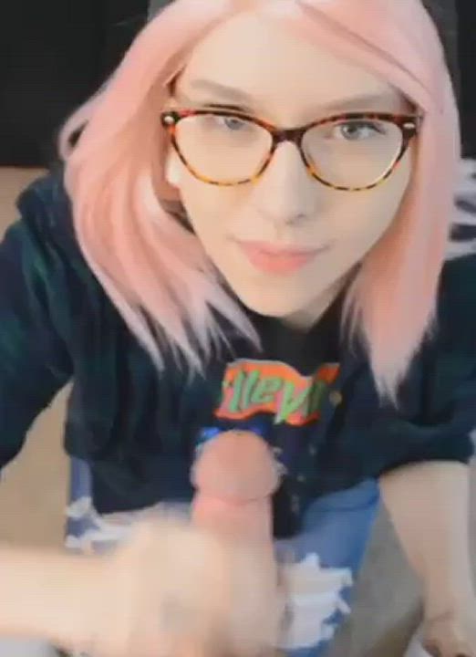 Cum on a cute face of pink hair girl : video clip