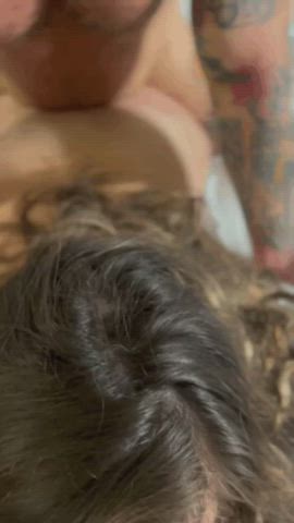 Gagging on my husbands cock while my bull fills my pussy : video clip