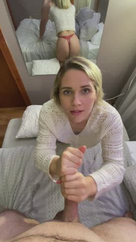 Sucking and stroking his cock on my knees waiting for his cum : video clip