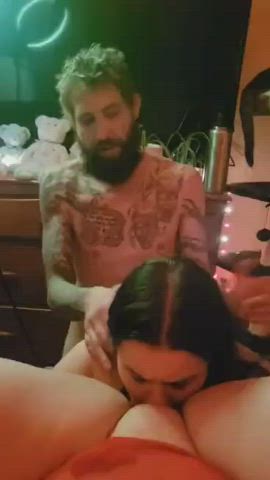 As he fucks her deep, they both eat my pussy : video clip