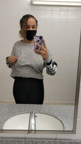 Showing off my teen DDs in the public restroom : video clip
