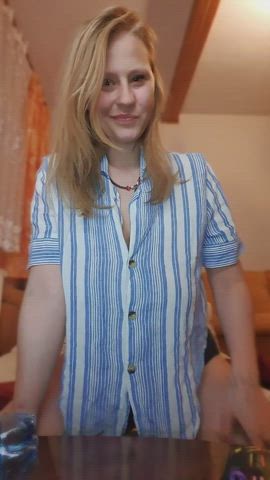 I slowly unbutton my shirt and play with my big boobs for a while and do bouncing, bouncing. Heh : video clip