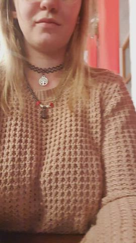Modest girl in a modest sweater in a restaurant and under the sweater modest boobs. Kisses : video clip