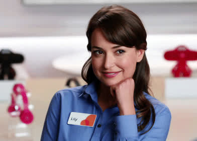 She seems really committed to getting a sales point from you… [Milana Vayntrub] : video clip