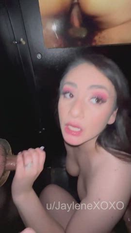 Making a stranger at the glory hole cum and draining him all over my big tits : video clip