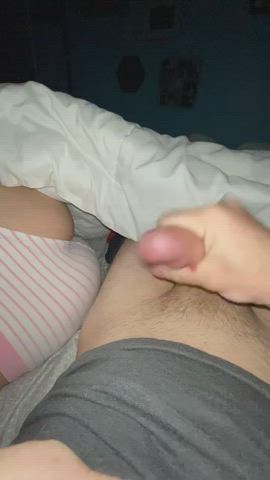 Cumshot for her pink striped panties : video clip