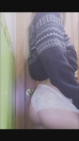 Hot blonde in panties and sweater showing boobs : video clip