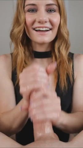 Redhead with amazing eyes handjob finish in slow-mo : video clip