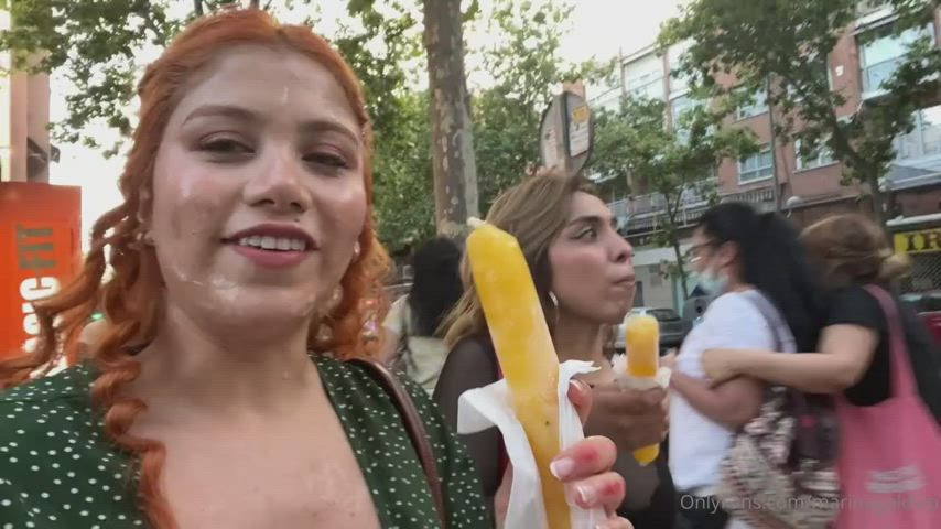 a casual stroll with cum on her face : video clip