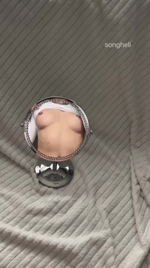 Petite tight pussy in a small mirror, looking cute! : video clip