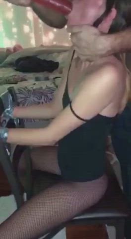 Girl gets a dildo forced down her throat while her hands are taped together **TW** : video clip
