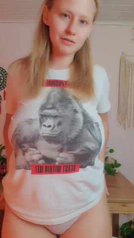 BOOM! And already a classic for me. My big boobs fall out from under a modest gorilla t-shirt. Heh : video clip